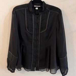 Coldwater Creek Shirt Sz PL Black Chiffon Pleated Romantic Blouse Cottagecore